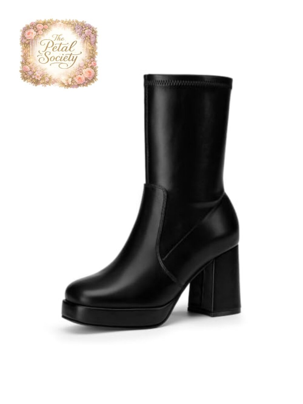 Platform Mid Calf Boots Chunky Block Heel Stretch 3.25 Inch